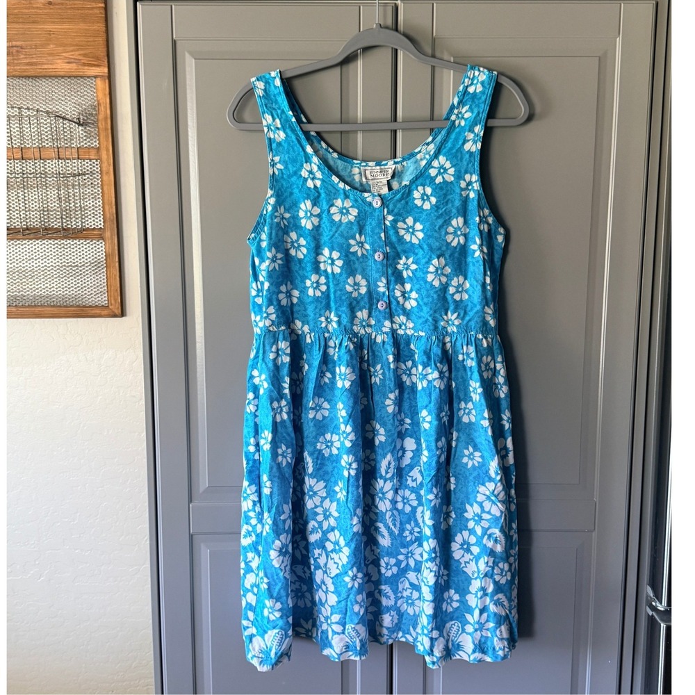 Jennifer Moore Vintage Tropical Hibiscus Sleeveless‎ Babydoll Sundress,Teal,M